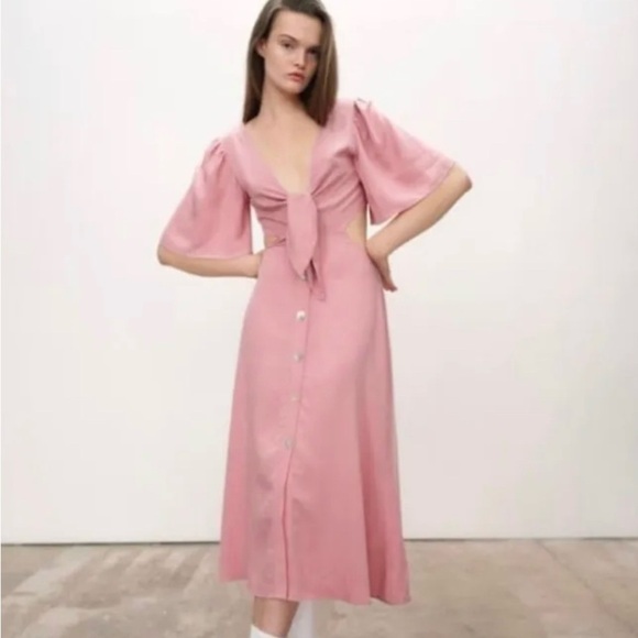 Zara Cut Out Ties V-Neck Button Pink Dress size XS - Picture 2 of 5
